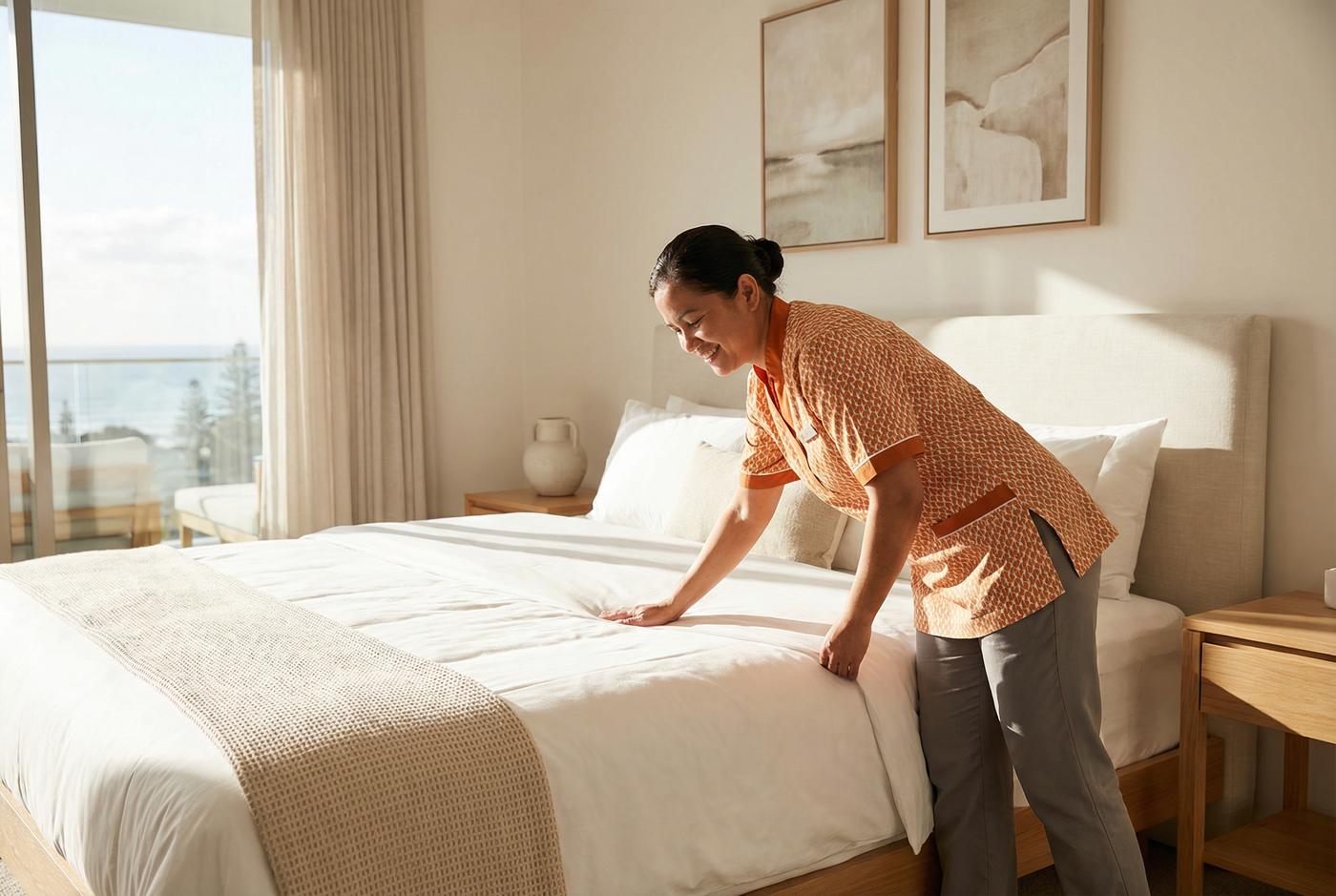 Professional cleaner making bed in vacation rental bedroom