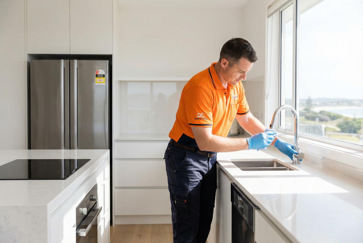 Professional cleaner deep cleaning kitchen in vacation rental